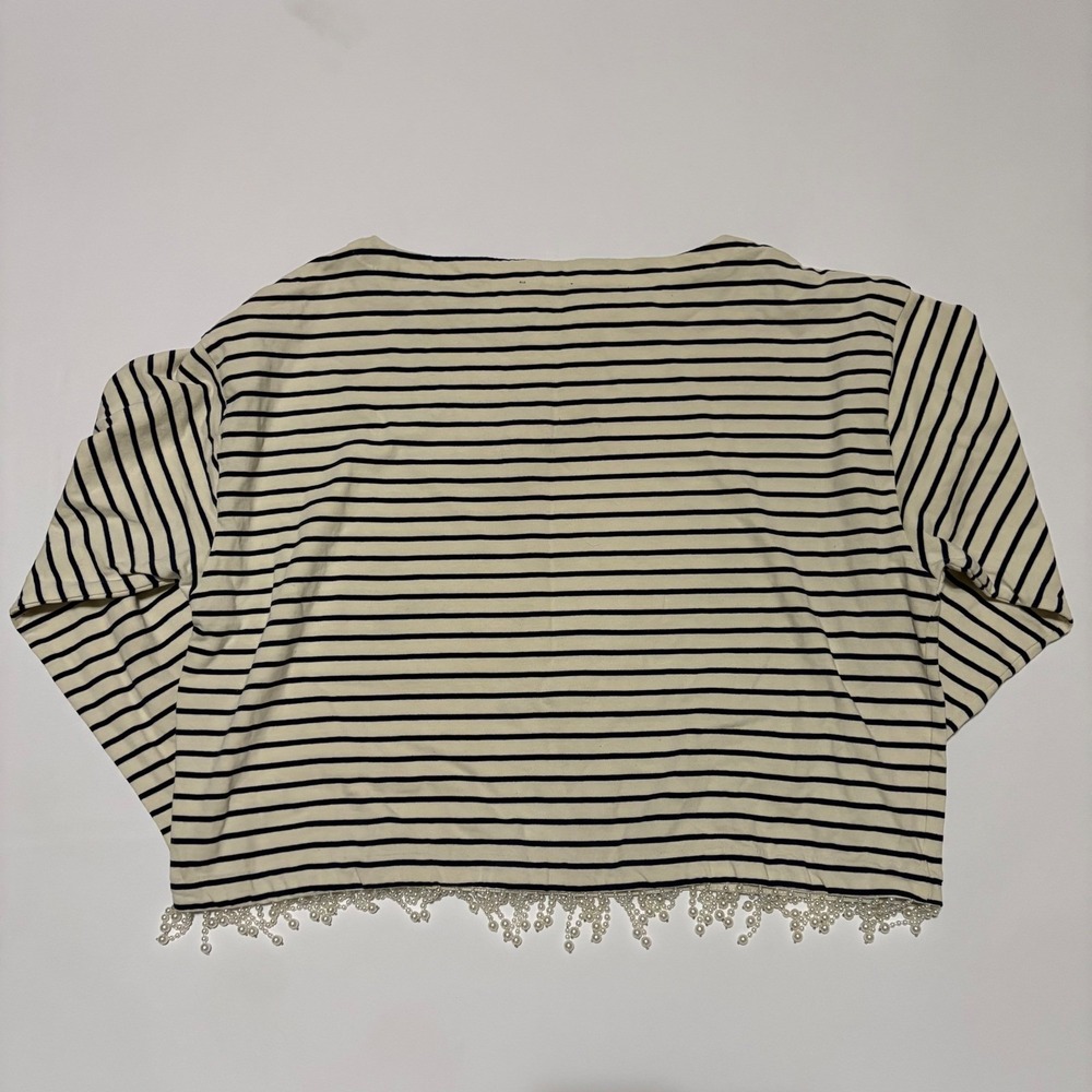 J.Crew Womens 2X Navy Ivory Striped Boatneck Top Pearl Fringe Hem Cropped Cotton - Picture 4 of 5